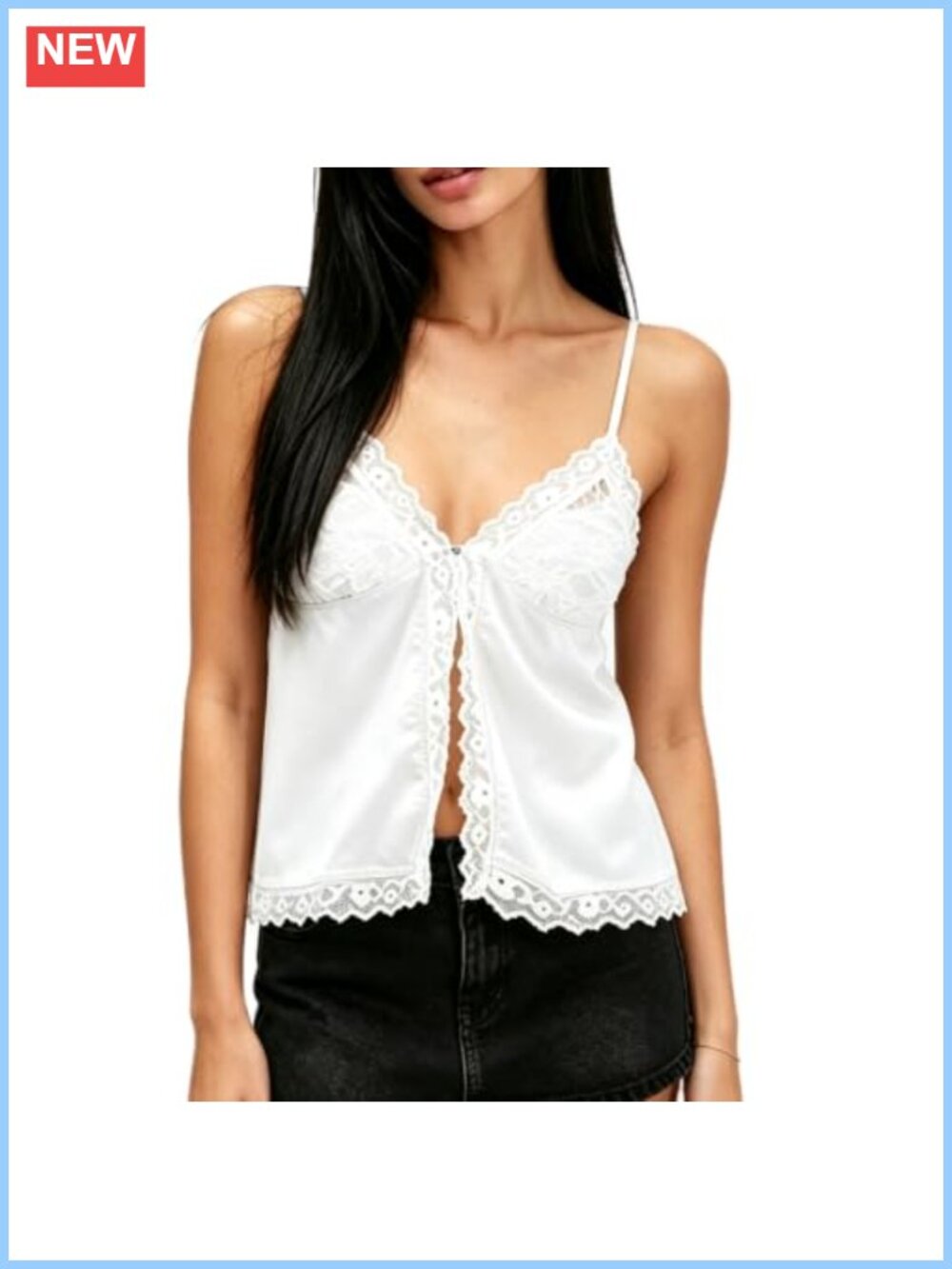Satin Lace Trim Cami Deep V Spaghetti Strap Women's Top